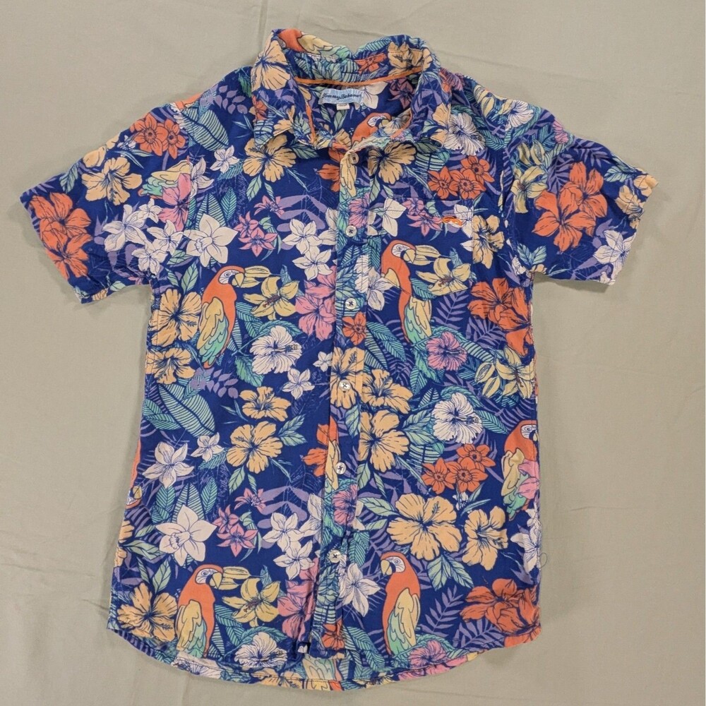 Tommy Bahama Boy's Hawaiian Shirt Size 10/12, Blue Floral Parrot , Button-Up
